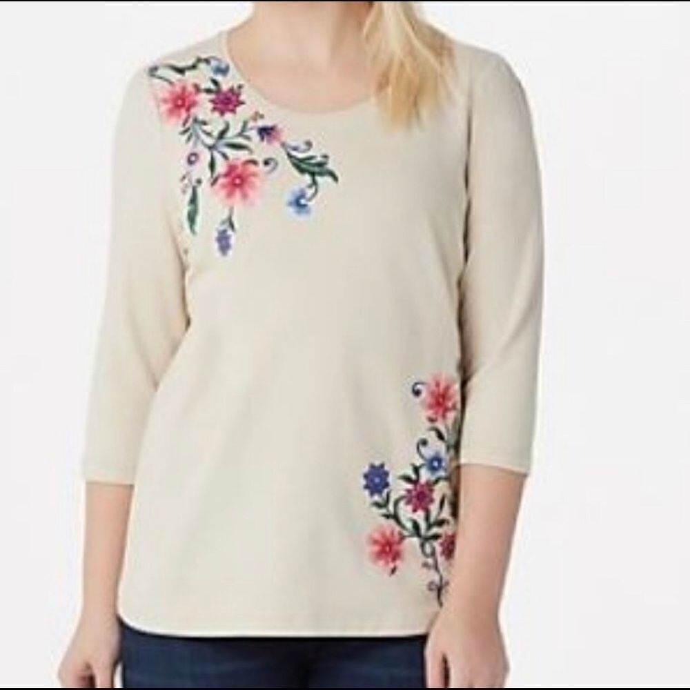 Denim & Co. French Terry 3/4-Sleeve Embroidery Top